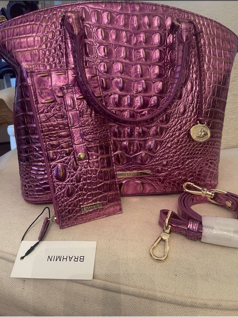 Brahmin Bright Pink Duxbury Satchel In OPERA & Matching CC Wallet NWT - Picture 7 of 15